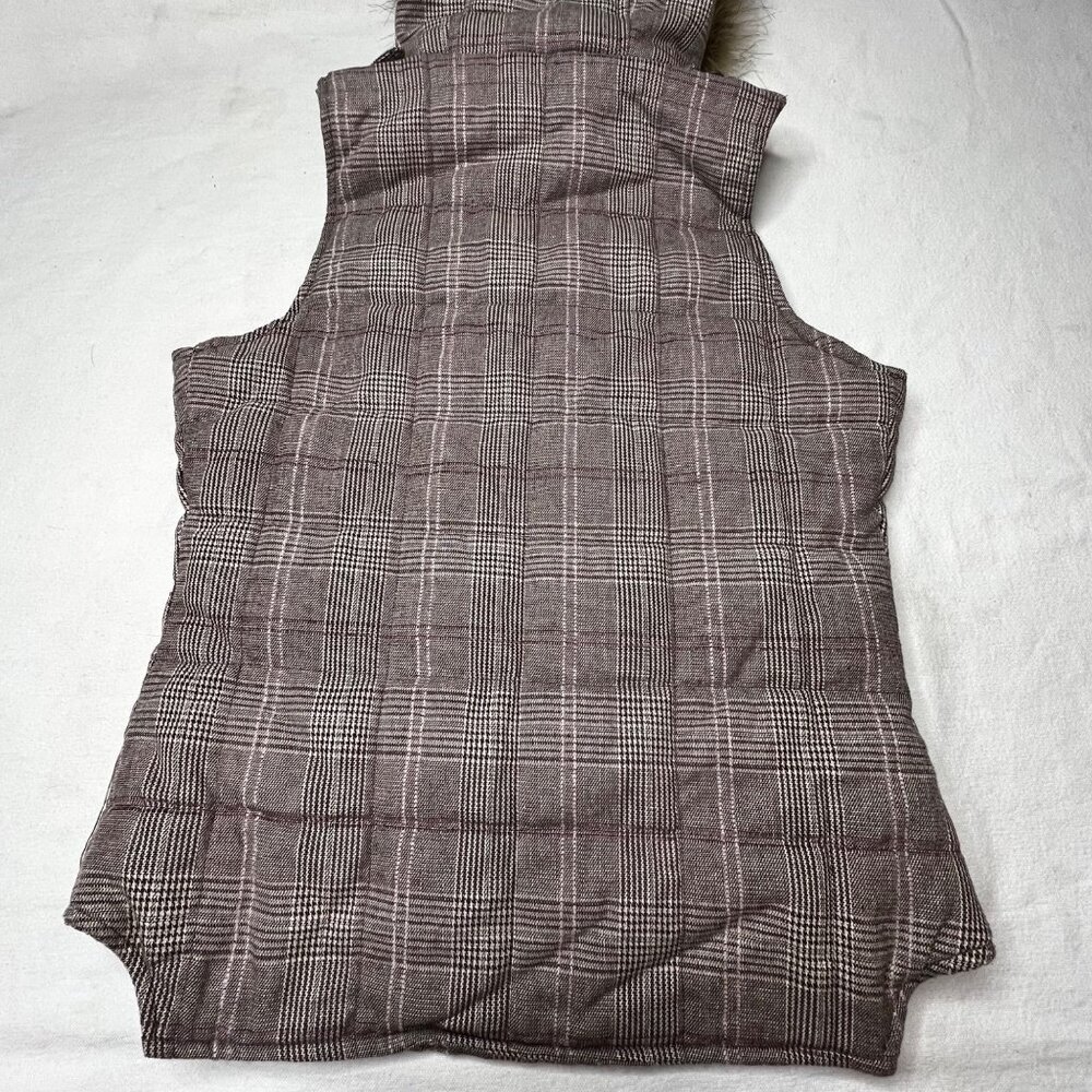 Charlotte Russe Plaid Puffer Vest Faux Fur Hood Brown S Snap Full Zip Pockets - Picture 10 of 16